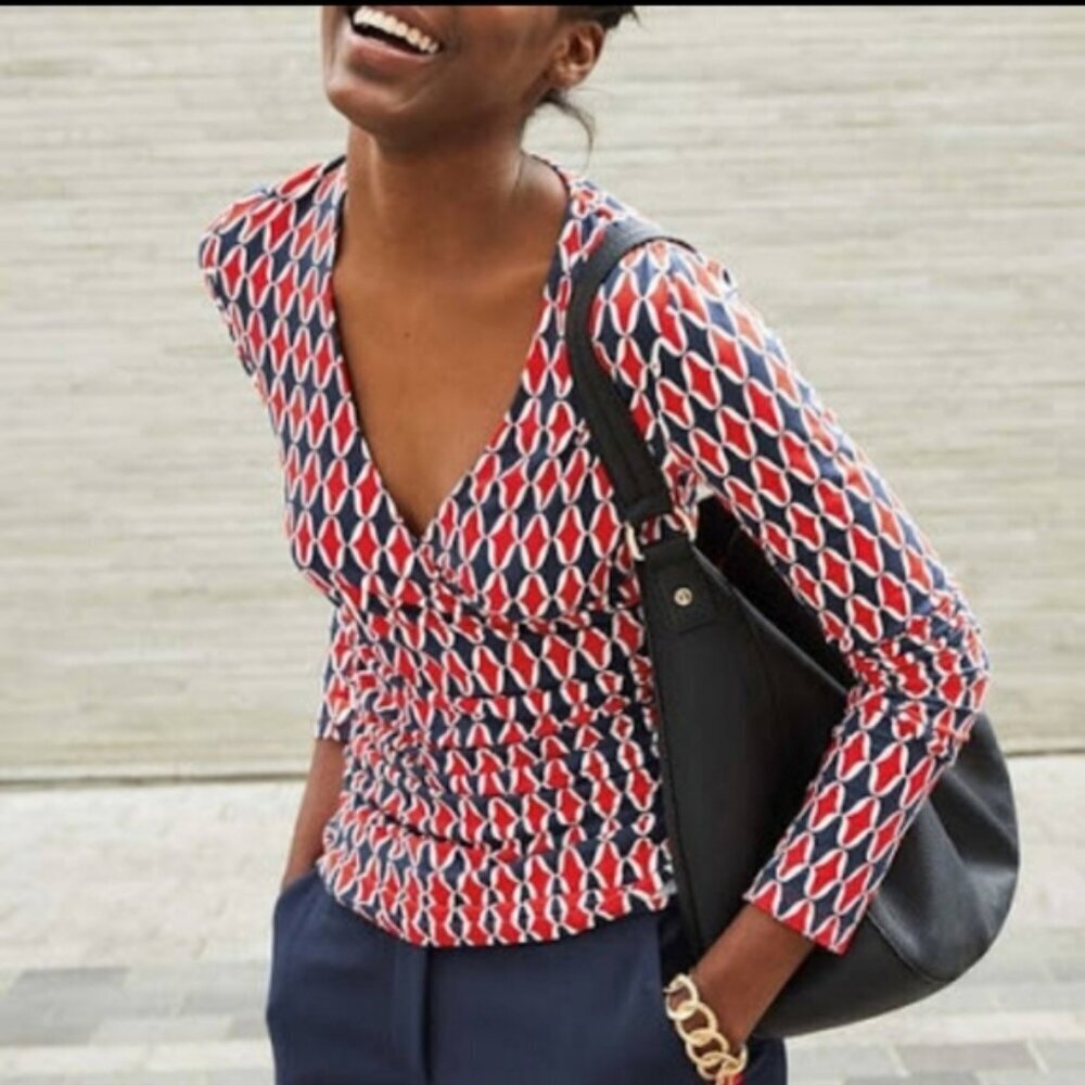 Boden Elodie Red White Blue Geometric Print Faux Wrap Knit Top - 6
